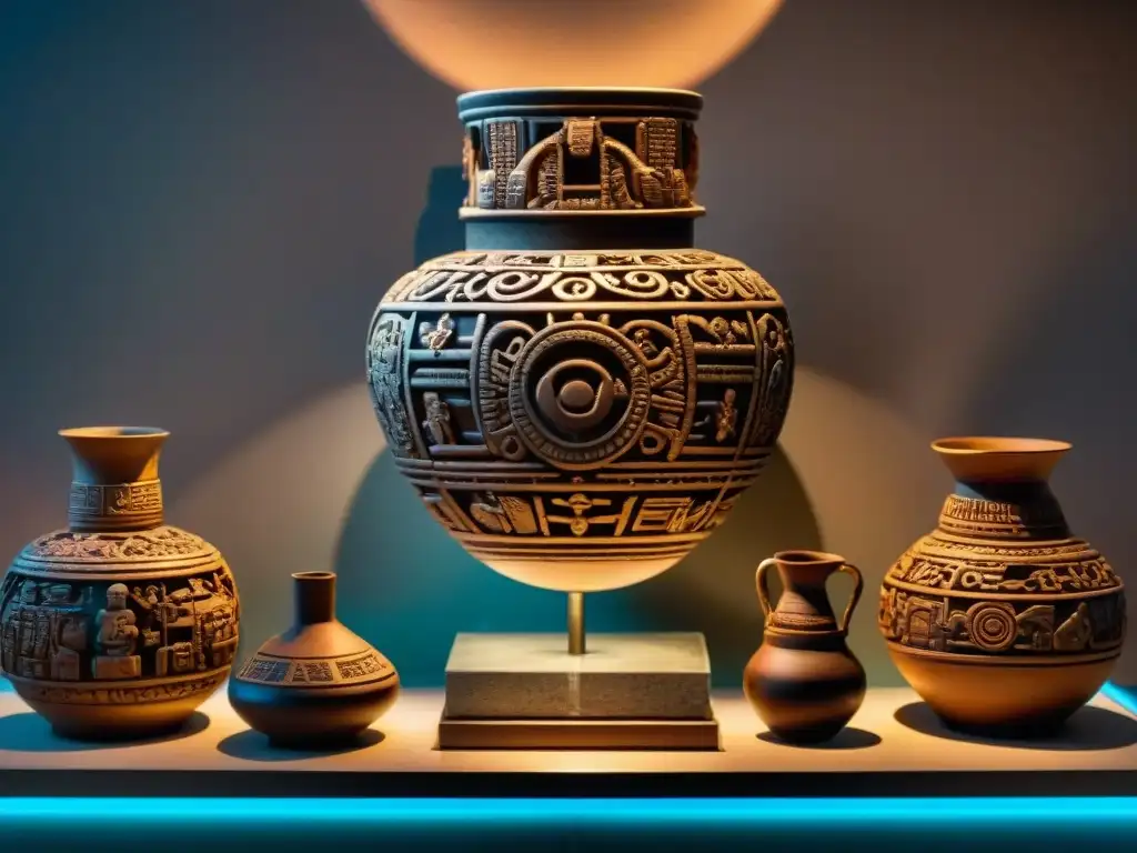 Una colección de arte maya detallado en museo con iluminación suave resaltando cada pieza