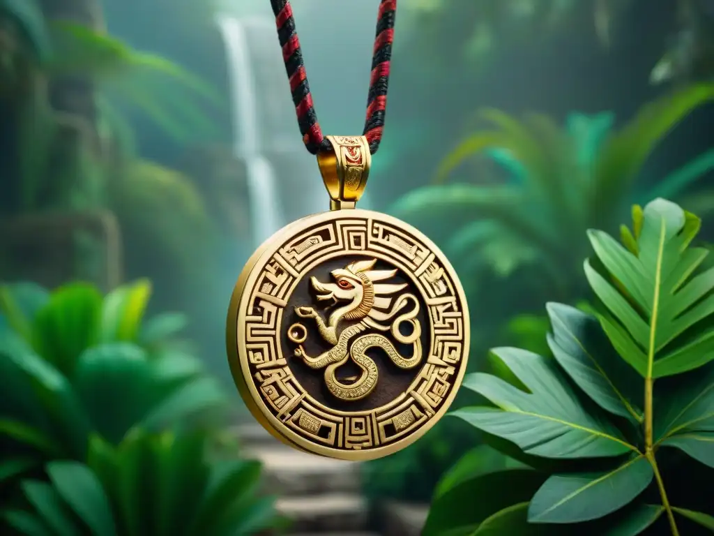 Colgante dorado de Kukulkan en la jungla, evocando los mitos y leyendas mayas educación