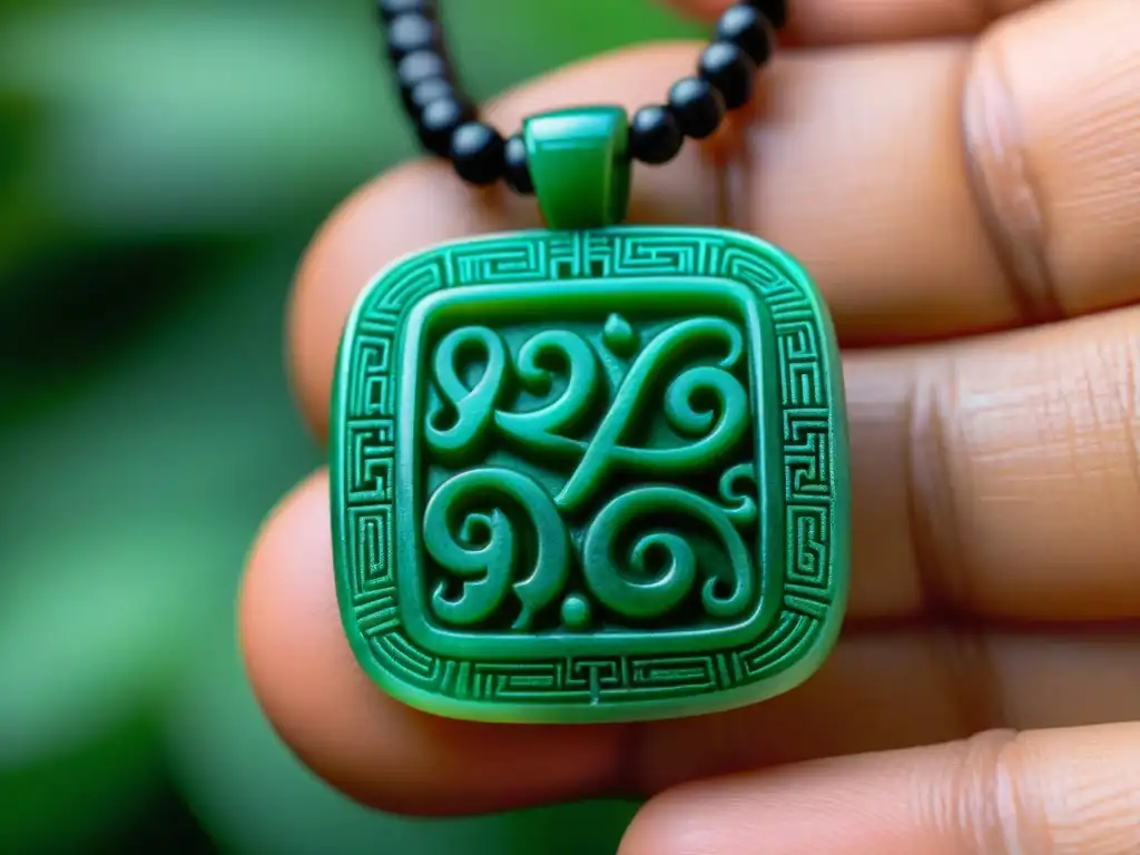 Pendiente de jade maya: arte ancestral en joyería moderna Un colgante de jade maya esculpido con intrincados jeroglíficos por manos expertas, reflejando la inspiración maya en joyería contemporánea