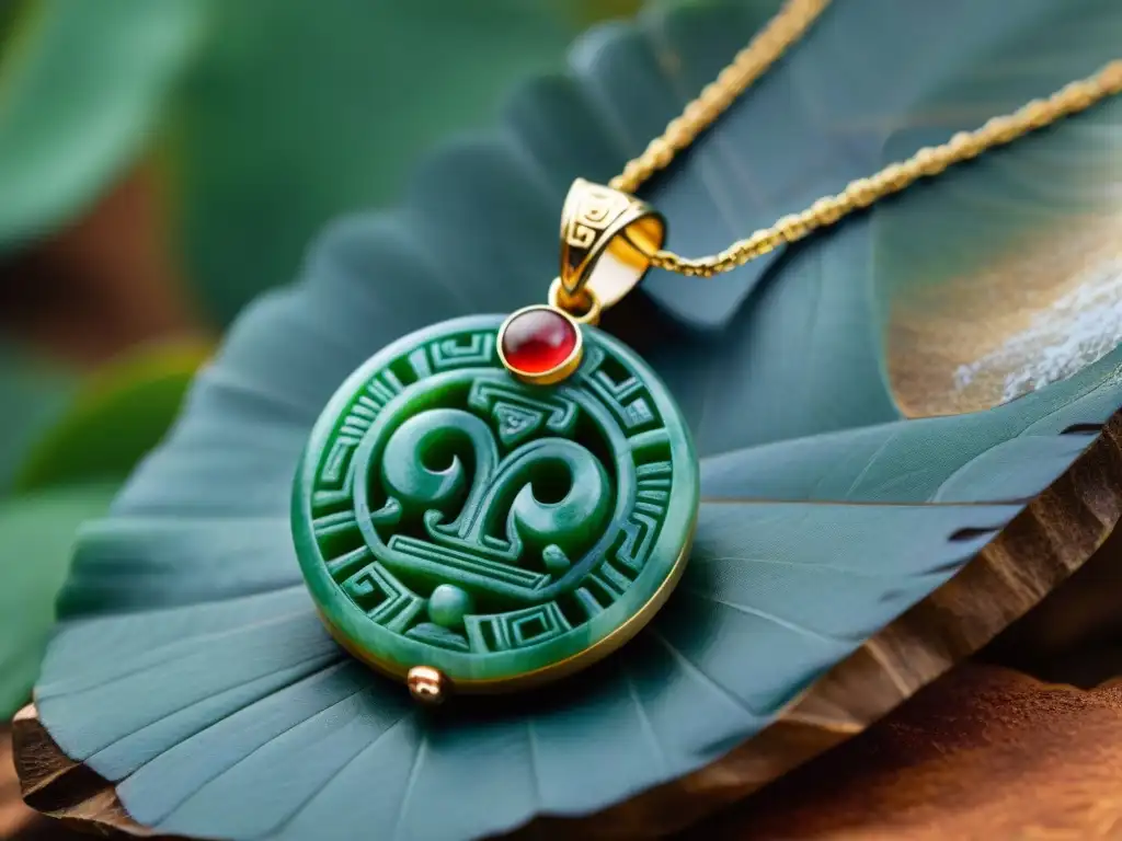 Colgante de jade maya con gemas vibrantes, reflejando el significado espiritual de las joyas mayas