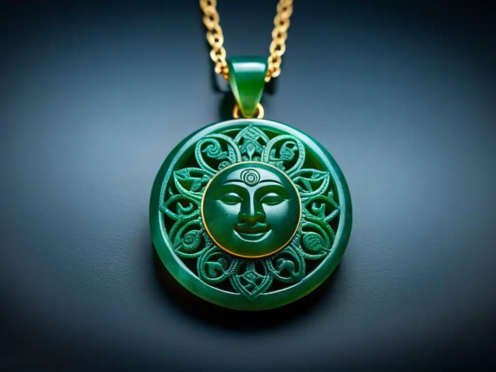 Colgante maya de jade con símbolos astrales: sol, luna y estrellas