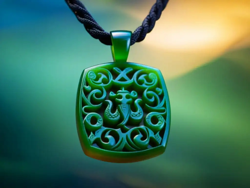 Colgante de jade maya con símbolos tradicionales en cordón de algodón, reflejando la artesanía ancestral y tendencias en moda