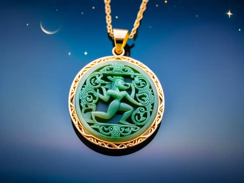 Colgante de jade tallado con dios maya Kukulkan, con influencia celestial en joyas mayas