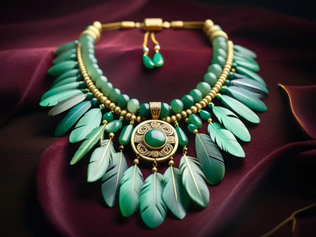 Un collar ceremonial maya de jade, plumas vibrantes y detalles en oro, resalta el significado de las joyas ceremoniales en la cultura maya