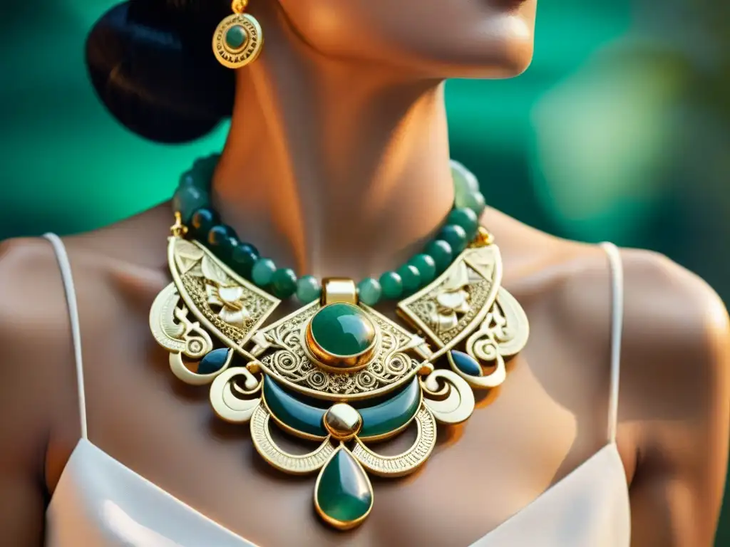 Collar dorado con detalles de jade inspirado en joyas mayas