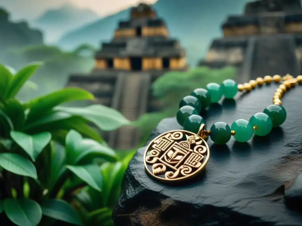 Un collar dorado con piedras de jade y símbolos mayas, en ruinas mayas con niebla