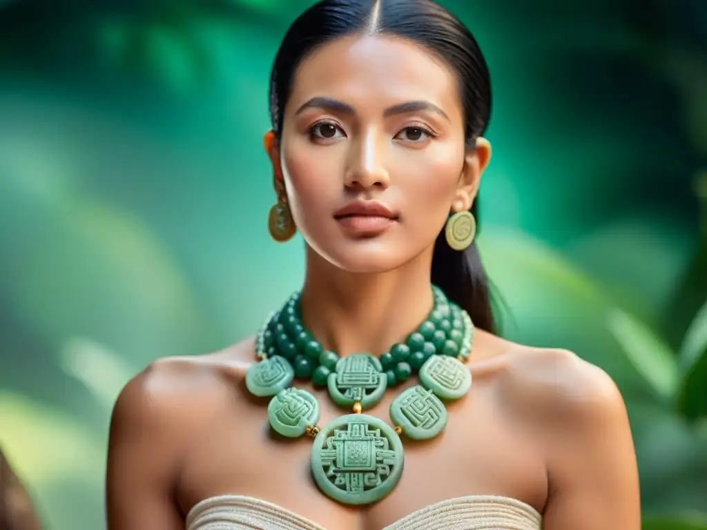 Un collar de jade maya detallado, con patrones simbolizando fertilidad y prosperidad