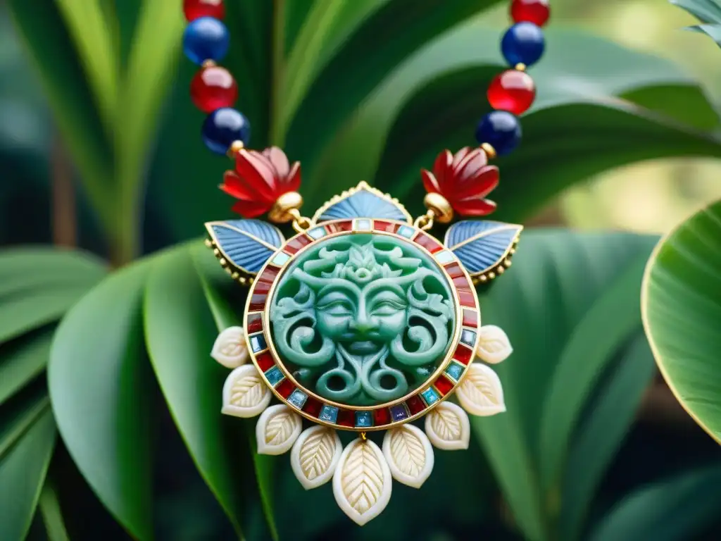 Collar de jade maya con gemas rojas y azules, iluminado por el sol entre la exuberante vegetación tropical