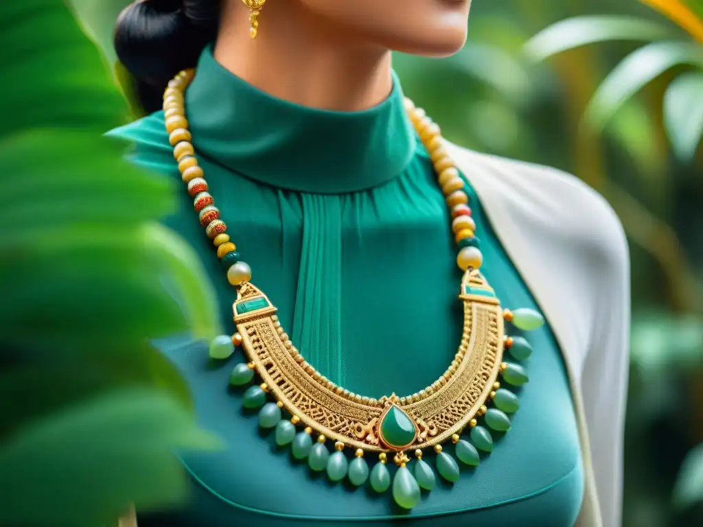 Collar de jade maya con plumas y detalles dorados en exuberante selva