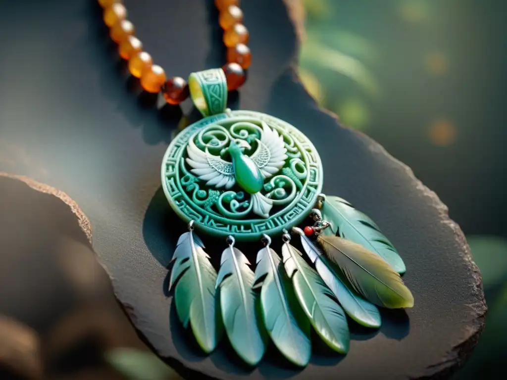 Collar maya de jade con plumas vibrantes: adornos mayas vida muerte significado