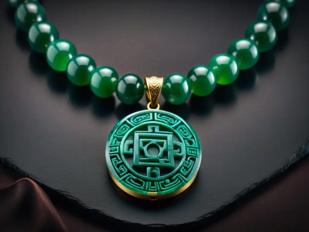 Collar maya de jade, símbolo de poder y significado, iluminado suavemente