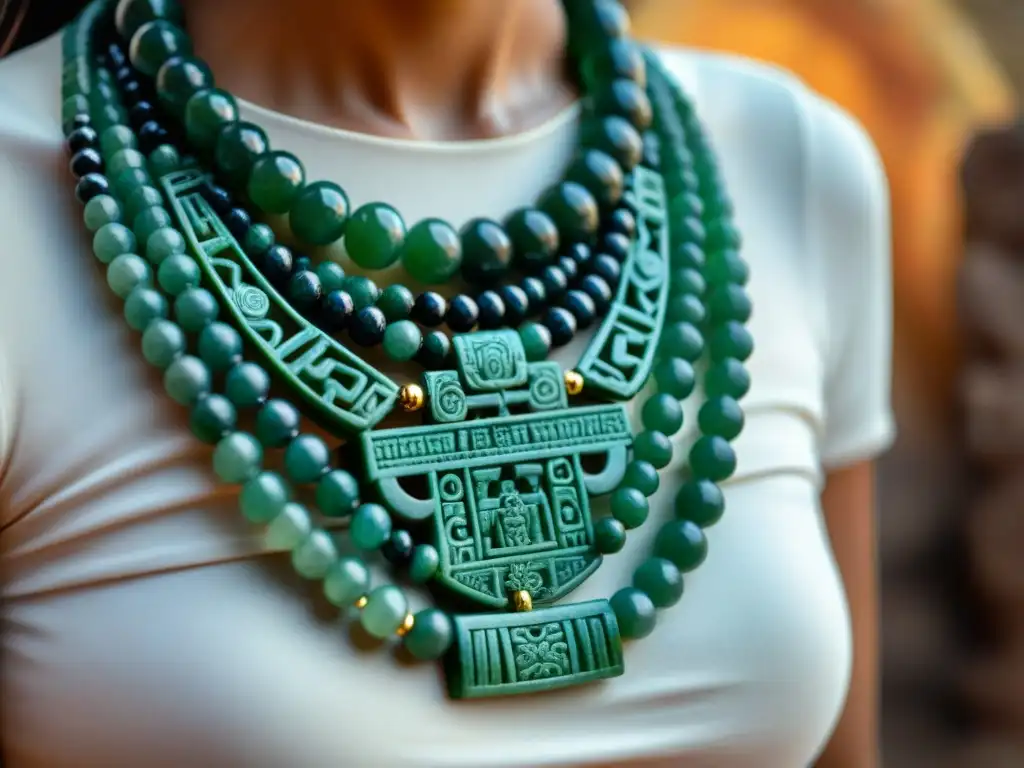 Collar de jade maya con símbolos y glifos, reflejando la artesanía antigua