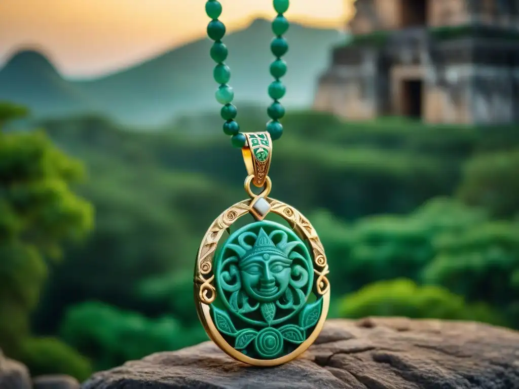 Collar de jade maya con símbolos del sol, luna y serpiente, en ruinas antiguas cubiertas de vegetación exuberante