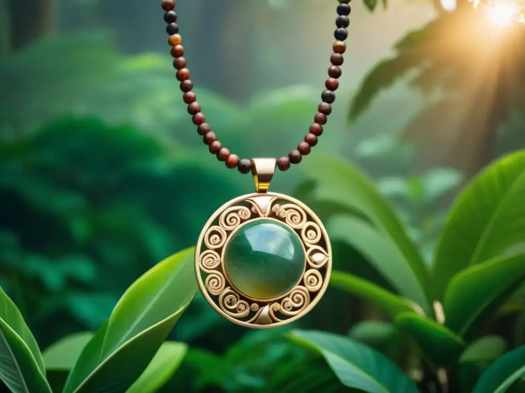 Collar de jade maya con símbolos solares y lunares, en la selva