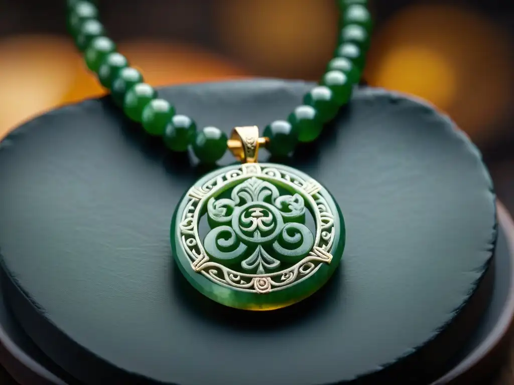 Collar maya de jade con símbolos tradicionales y detalles intrincados