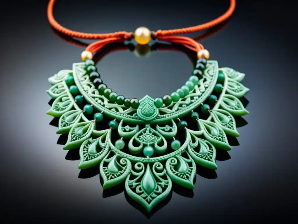 Collar de jade maya con tallados intrincados y colores vibrantes, simbolizando la joyería maya y su significado espiritual