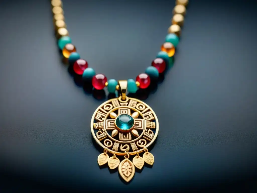Collar de oro inspirado en patrones mayas, con gemas coloridas Collar de oro inspirado en patrones mayas, con gemas coloridas y símbolos detallados, en un fondo de terciopelo oscuro