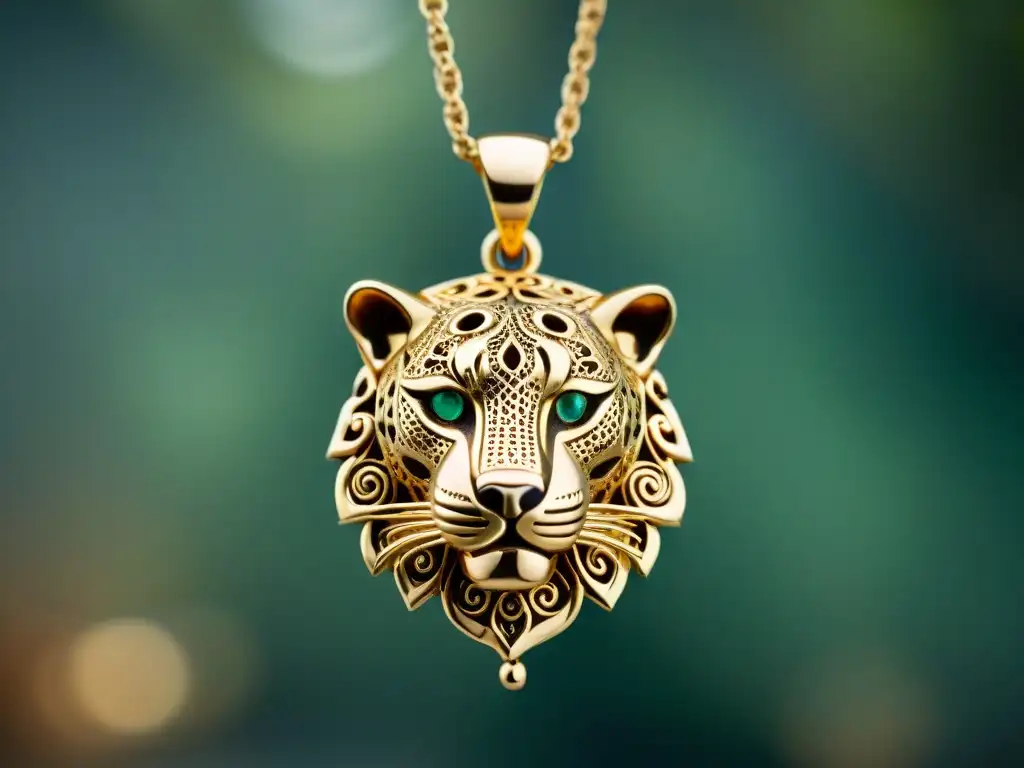 Collar de oro con jaguar de ojos de esmeralda y manchas de ónix, representación animal en joyería maya