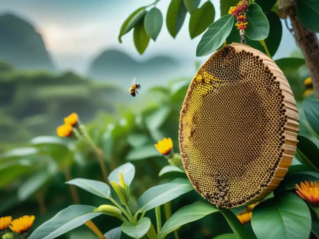 Una colmena bulliciosa en la Agricultura Maya: abejas polinizando flores nativas coloridas en un entorno tradicional