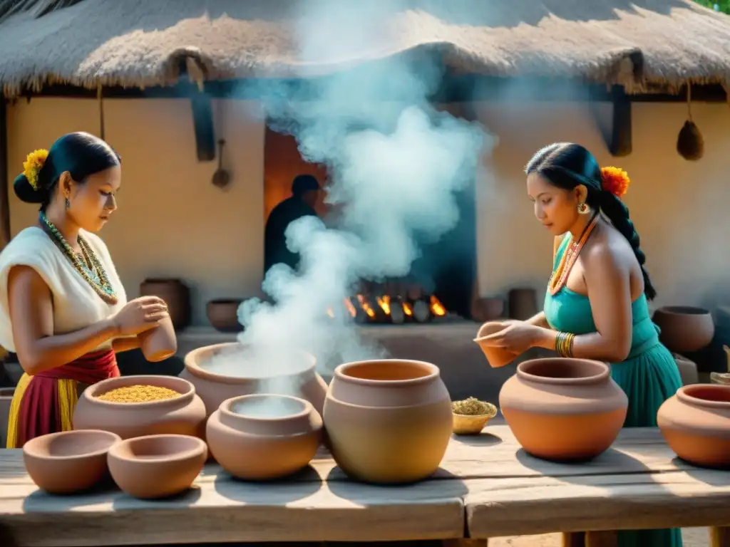 Colorida ceremonia maya de preparación de bebidas alcohólicas en ollas de barro