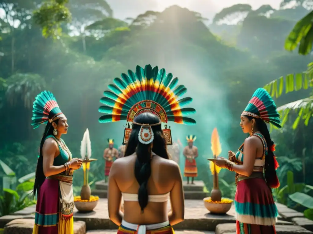 Colorida ceremonia Maya en la selva: hombres y mujeres danzan en torno a un altar de piedra, bajo la luz del sol