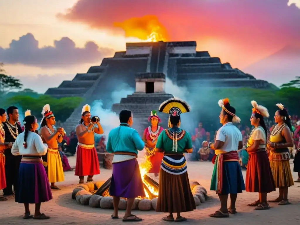 Colorida celebración de festividades mayas contemporáneas en una plaza tradicional con baile alrededor de una fogata, uniendo pasado y presente