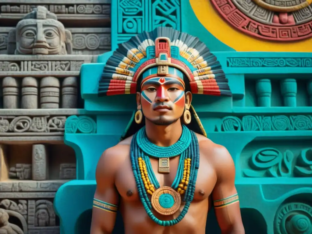 Una colorida paleta de colores maya persistente en un vibrante mural maya detallado en 8k, resaltando la historia y artesanía maya