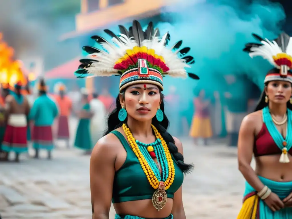 Coloridas celebraciones mayas tradicionales encuentro en la plaza del pueblo con danzantes y fuego ceremonial