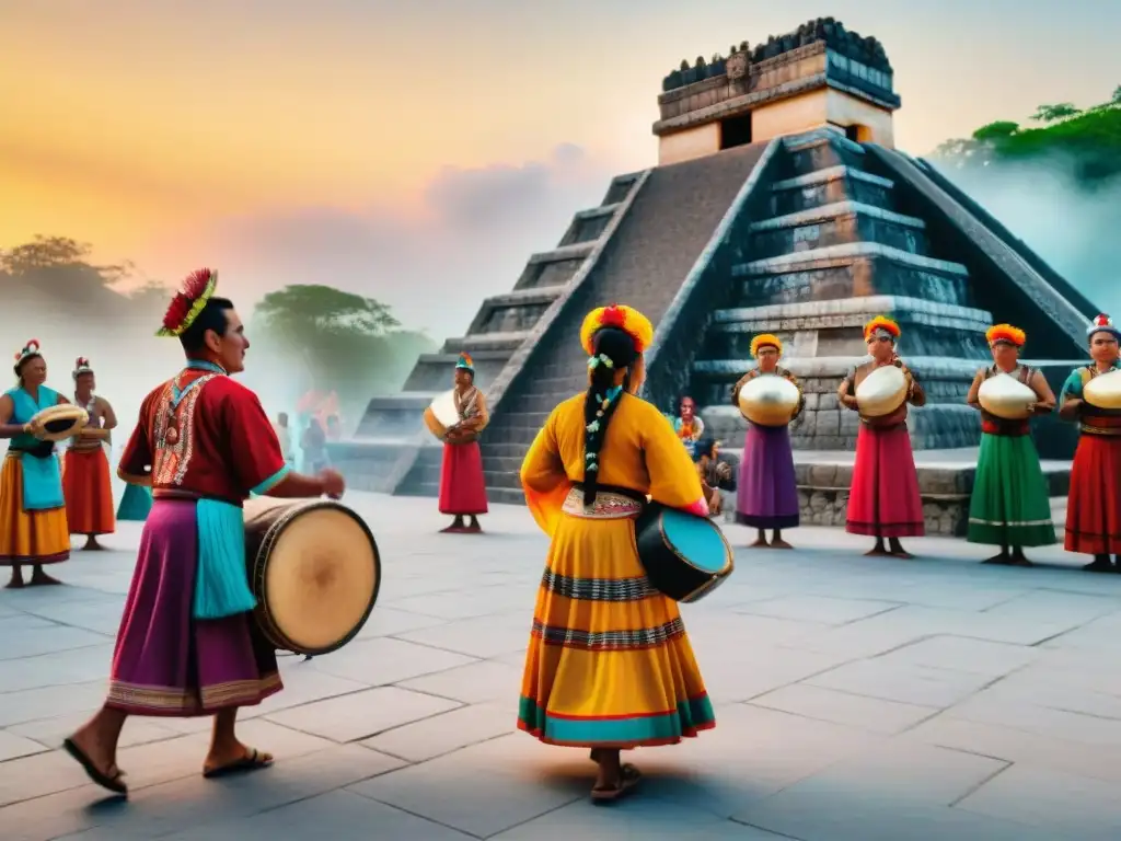 Coloridas celebraciones mayas tradicionales encuentro en vibrante plaza al atardecer