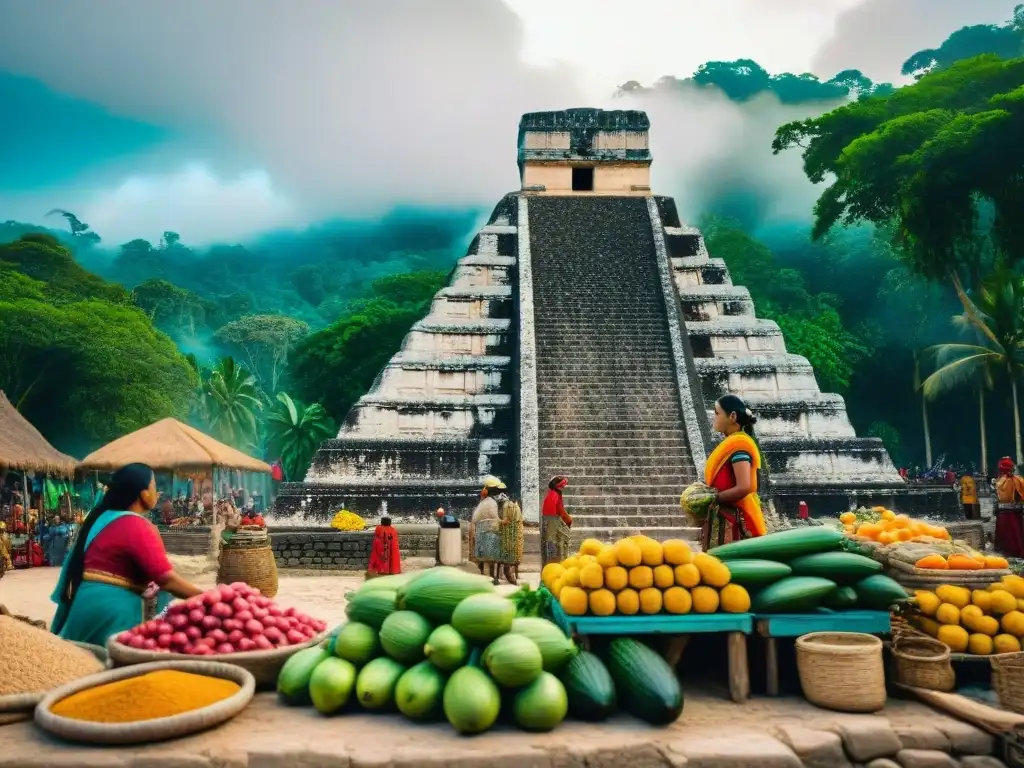 Colorido mercado en comunidad maya moderna, con locales en ropa tradicional vendiendo y comerciando diversos productos