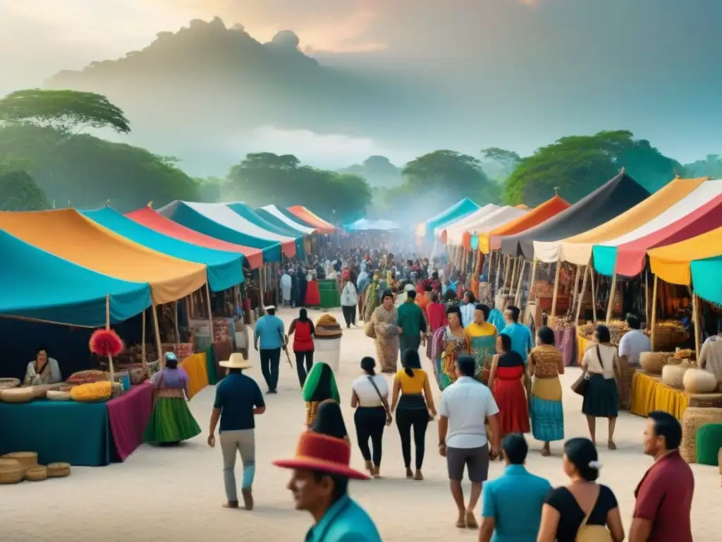 Colorido mercado en festival maya contemporáneo, fusión de tradición y turismo cultural