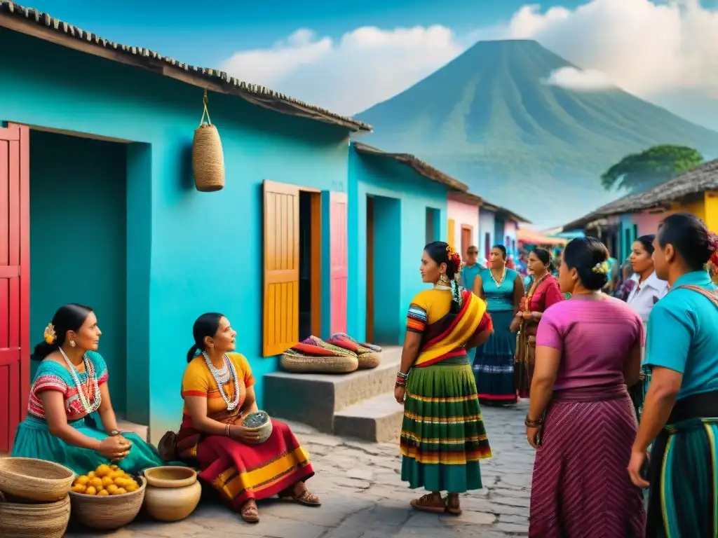 Colorido mercado guatemalteco con mujeres mayas vendiendo textiles y turistas aprendiendo sobre la cultura y lenguas mayas