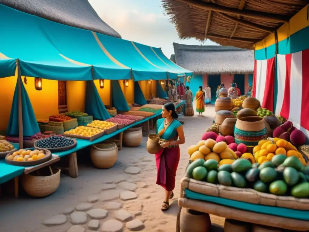 Colorido mercado maya con comerciantes activos, templos ornamentados y jeroglíficos, reflejando la estructura social maya y comercio