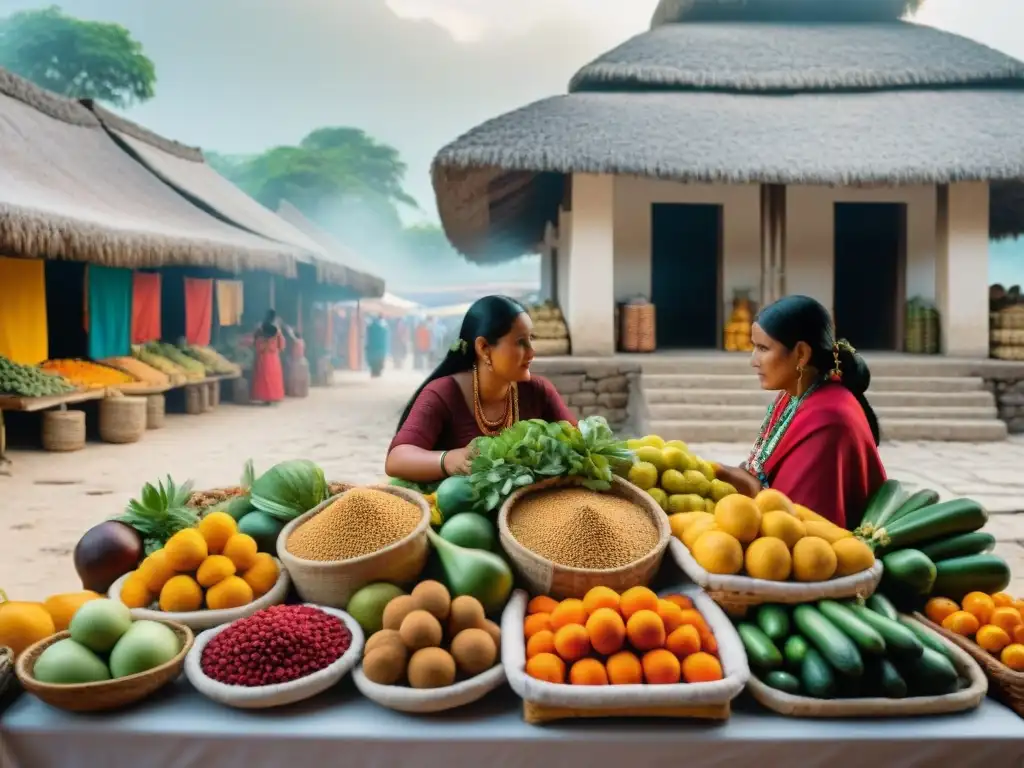 Colorido mercado Maya con frutas, verduras y especias, mujeres indígenas intercambiando alimentos