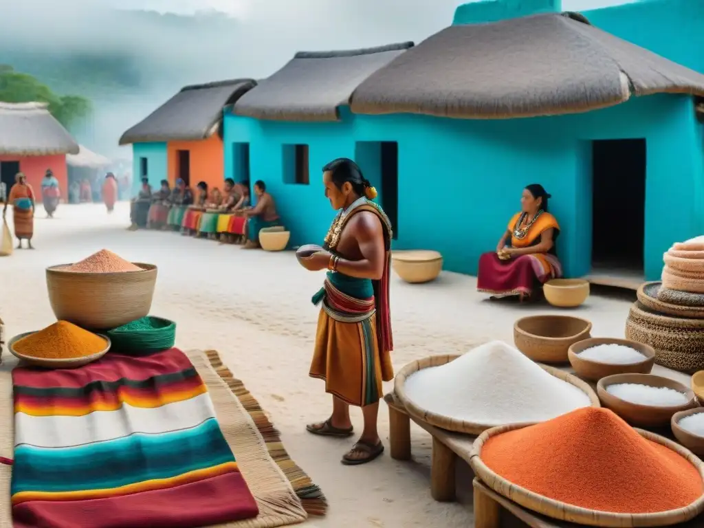 Colorido mercado maya de sal, con comerciantes indígenas en trajes tradicionales intercambiando y vendiendo productos de sal