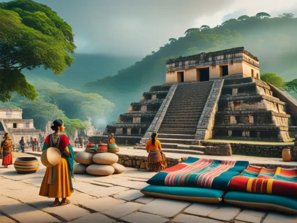 Colorido mercado maya con textiles y cerámica, ruinas antiguas y turistas