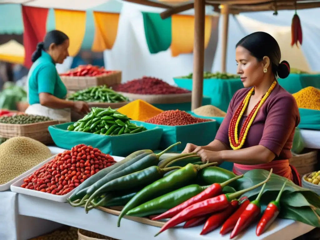 Colorido mercado maya con variedad de chiles, destacando el rol central del chile en la dieta maya