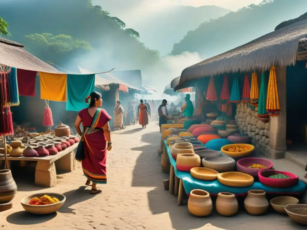 Colorido mercado en Guatemala con prácticas comerciales de la civilización maya