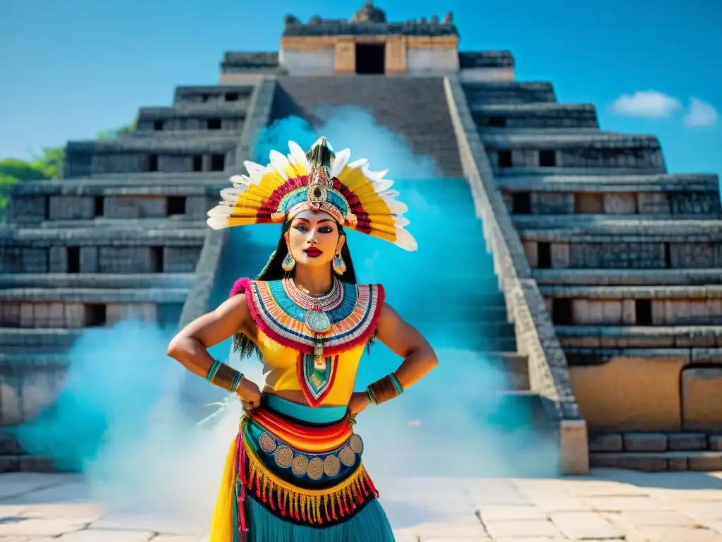 Colorido mural maya: danzantes en trajes de plumas, mercado animado y ruinas de templo bajo cielo azul