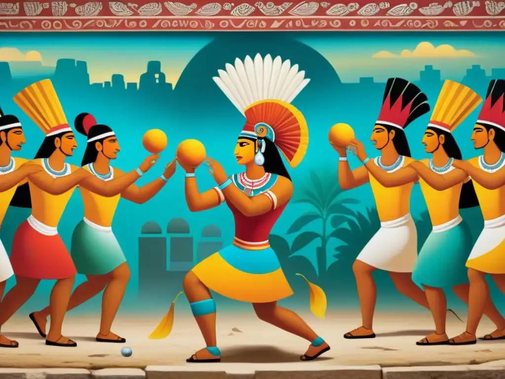 Colorido mural maya de juego de pelota ceremonial, jugadores en trajes tradicionales