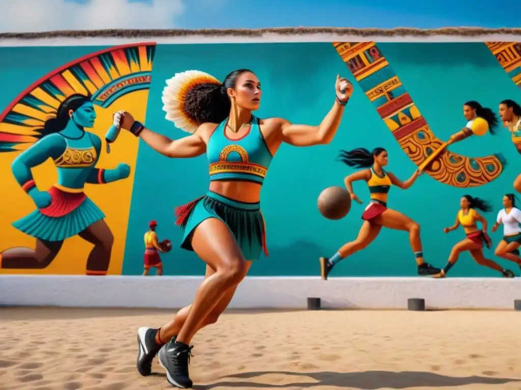 Colorido mural maya destaca papel femenino en deportes mayas con atleta poderosa en acción y símbolos intrincados