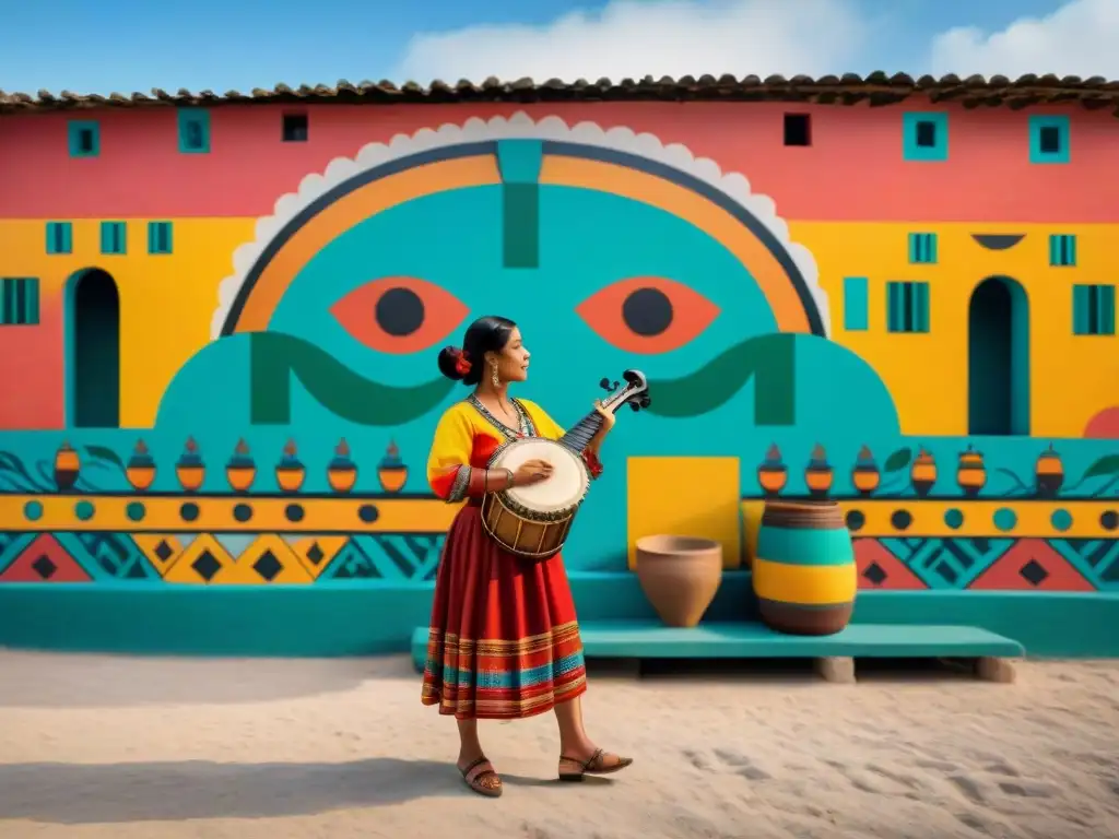 Colorido mural de mercado maya con música en la vida cotidiana, huipiles y alfarería