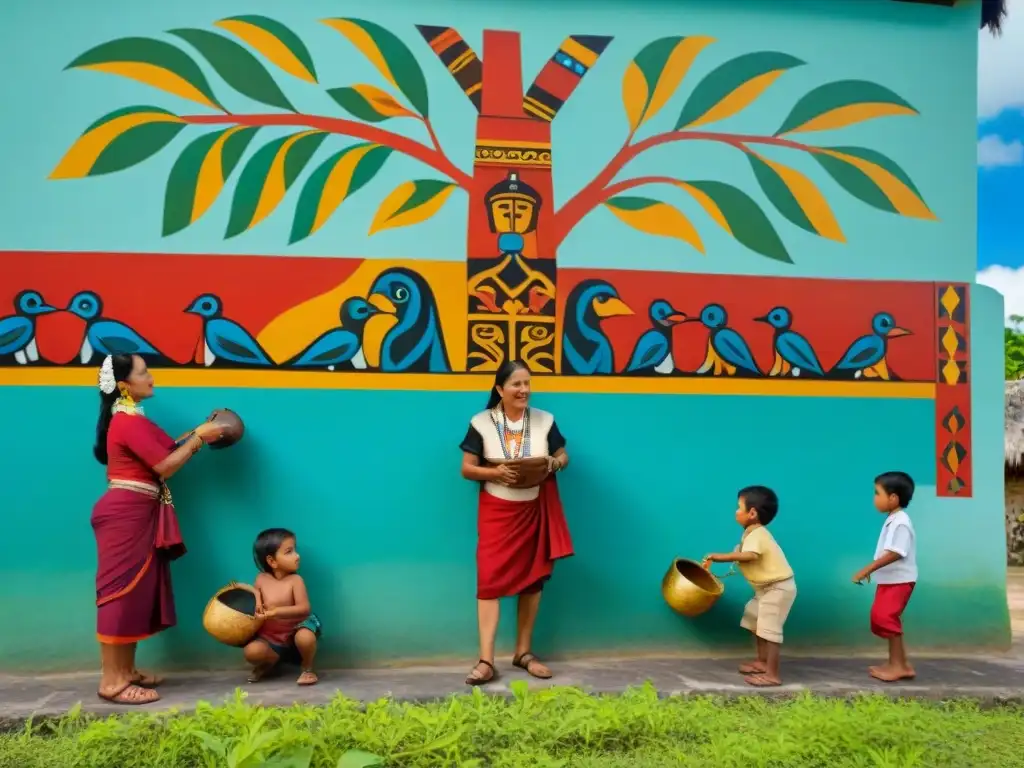 Colorido mural en pueblo Maya con educación intergeneracional y tradiciones en el siglo XXI