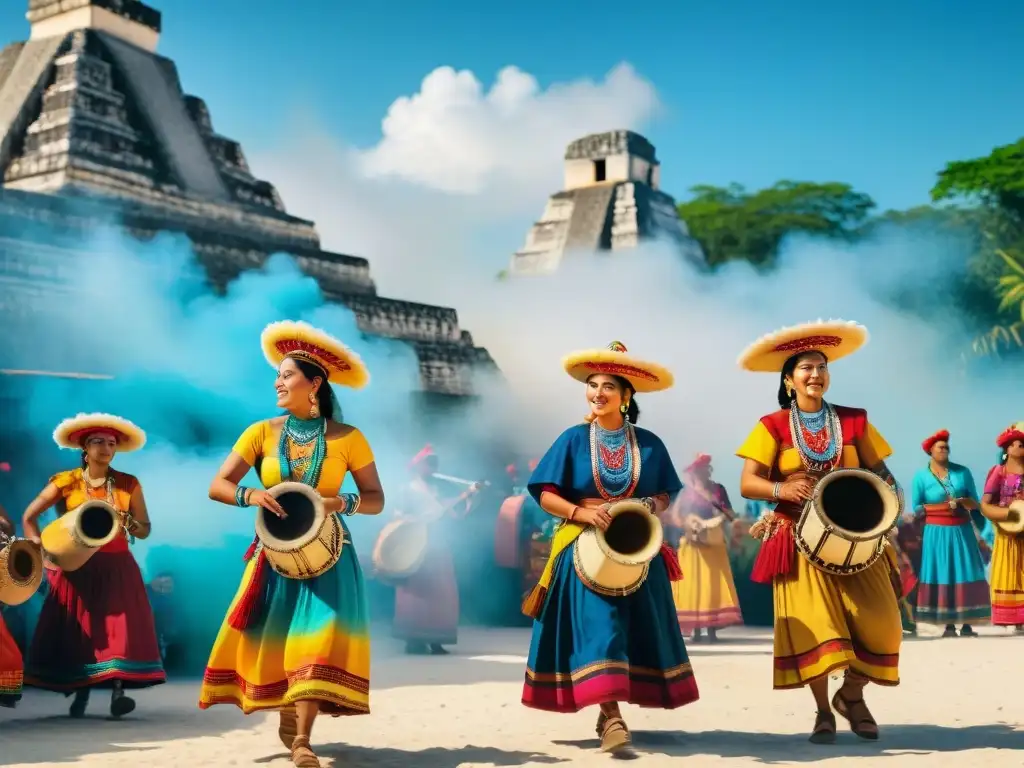 Coloridos festivales mayas contemporáneos: música, danza y artesanías en un mercado bullicioso bajo un cielo azul