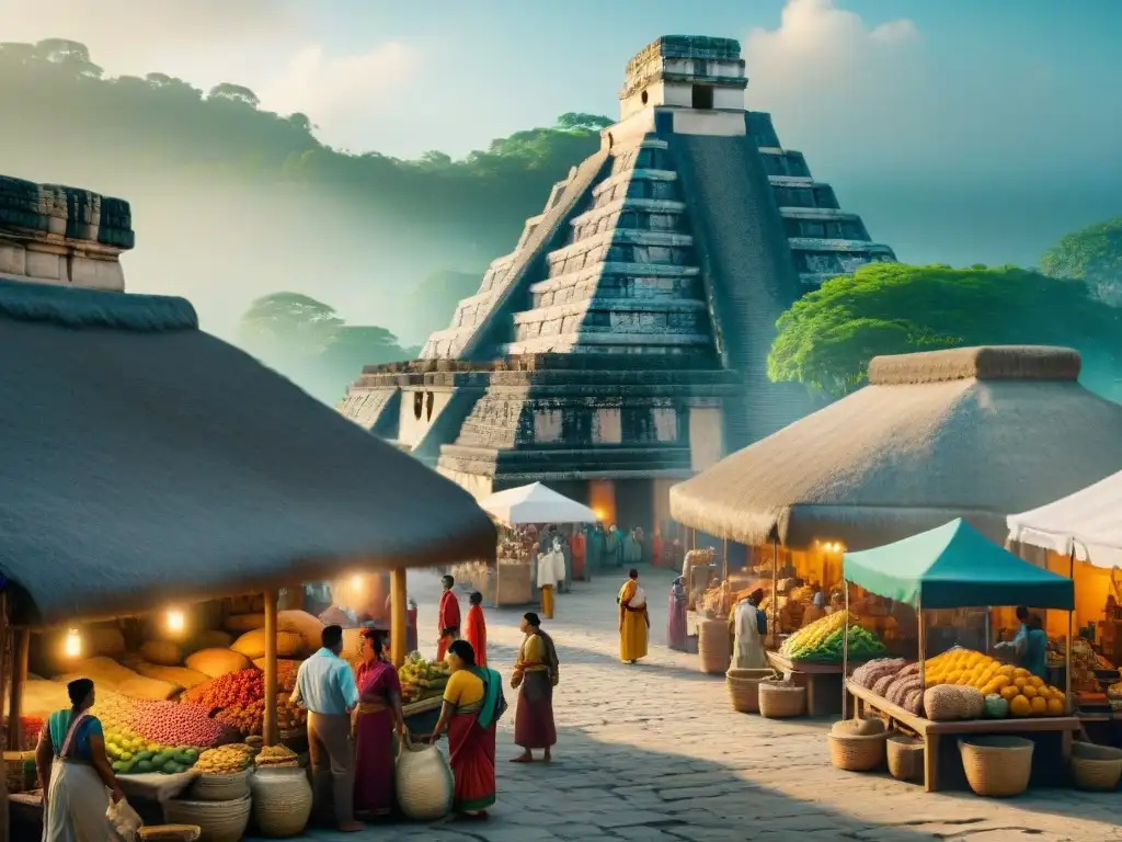 Transformación del comercio maya: bullicioso mercado maya con intercambio de bienes y cultura