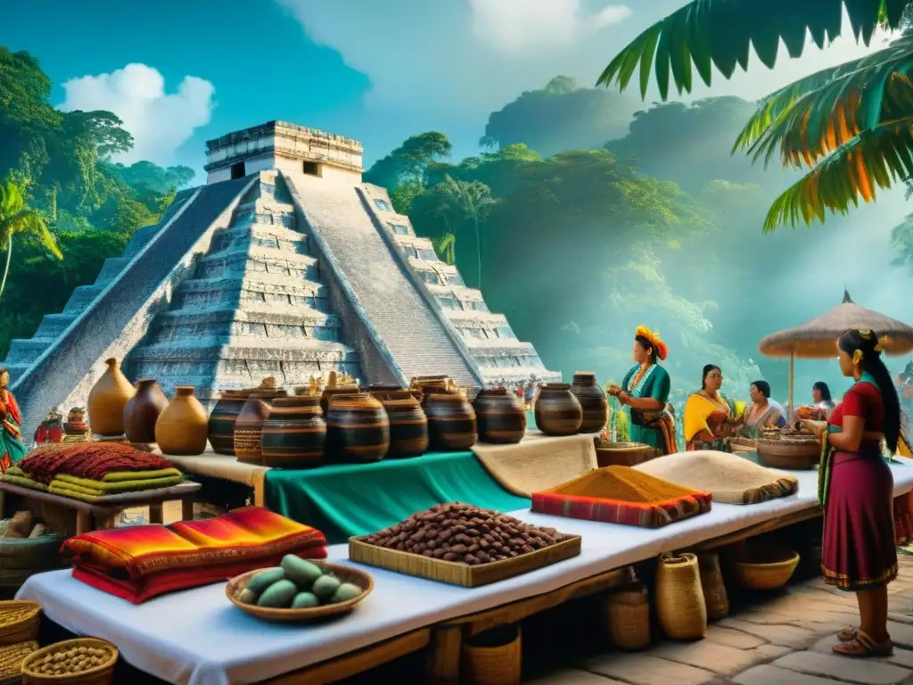 Vivid comercio maya: colorida escena de intercambio de bienes con cacao, textiles y jade, en un bullicioso mercado maya