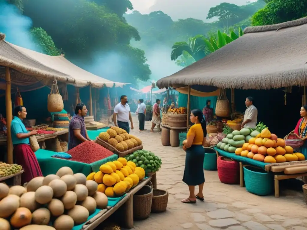 Transformación del comercio maya: mercado maya bullicioso con textiles, cerámica y frutas exóticas, comerciantes y clientes entre colores vibrantes