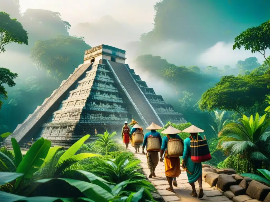 Comercio maya: navegando la selva con textiles coloridos y bienes exóticos, desafiando los caminos estrechos y la pirámide antigua al fondo