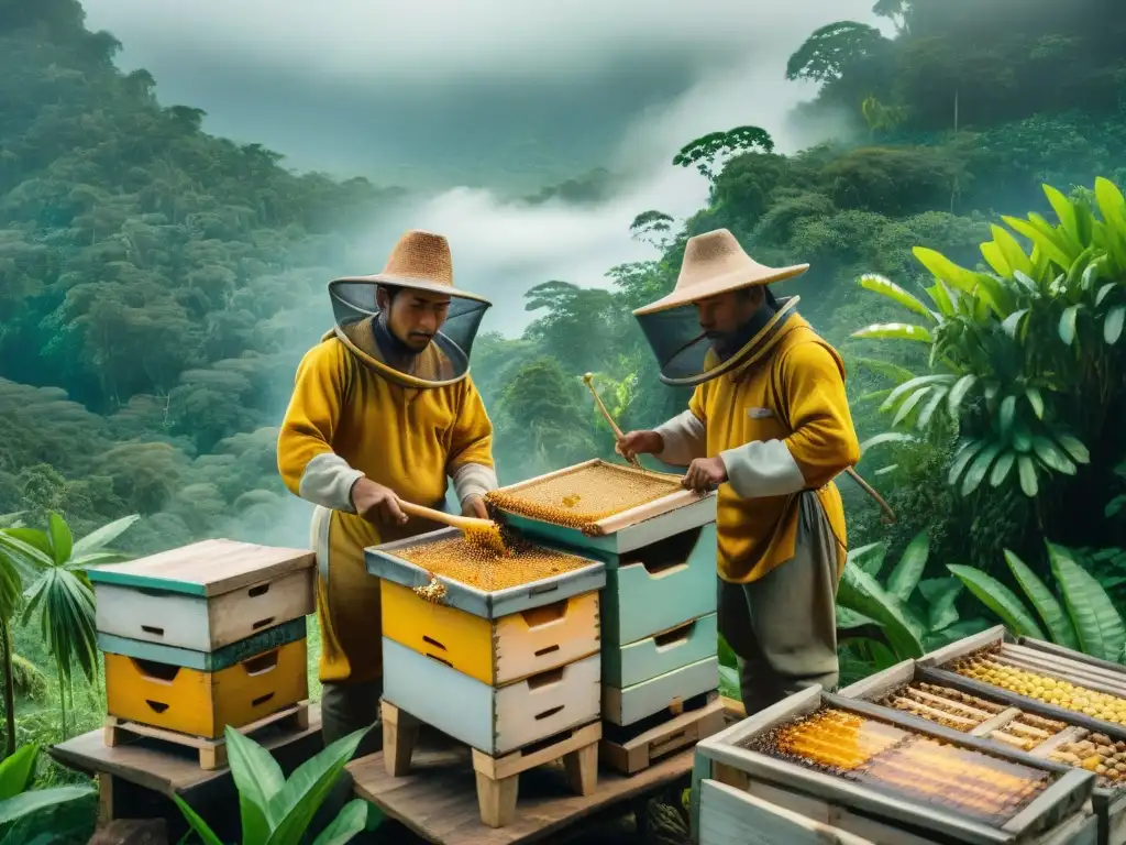 Producción y comercio de miel maya: Antiguos apicultores mayas recolectando miel en la selva con herramientas tradicionales y trajes coloridos