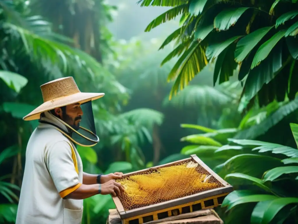 Producción y comercio de miel maya: Mayan beekeeper inspecciona colmena en la selva vibrante con ruinas mayas al fondo